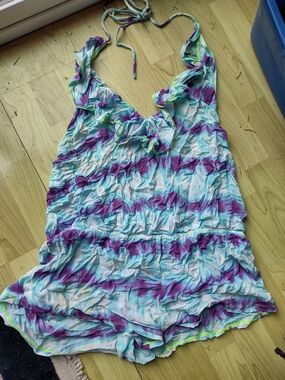 Women’s Tie-Dye Halter Ruffle Romper - Aqua & Purple